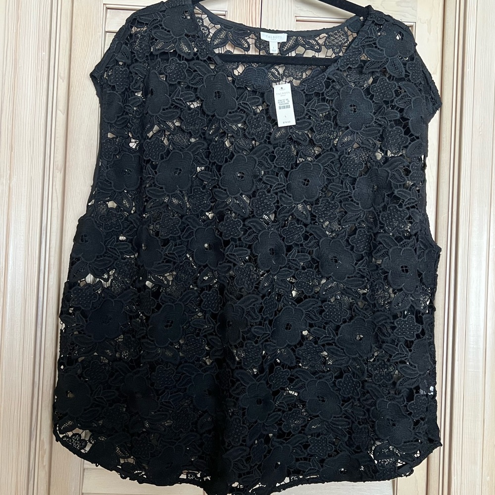 Talbots beautiful black lace sleeveless top, size Large, NWT